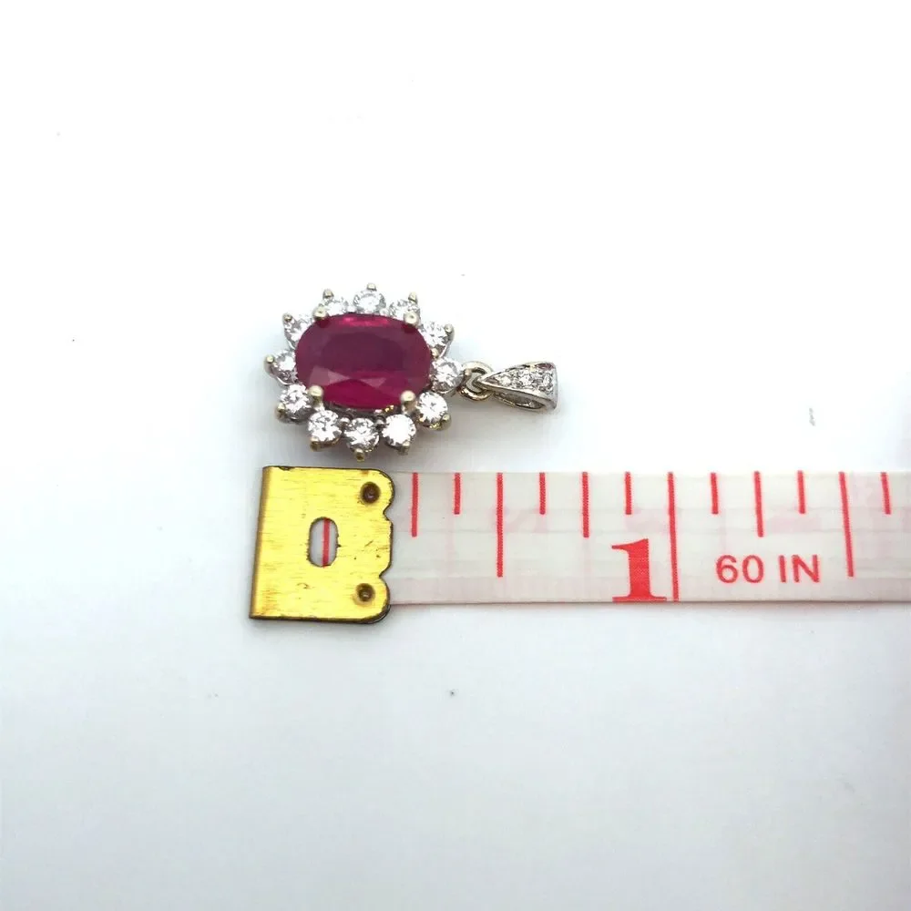 Estate 14K White Gold Oval Ruby Diamond Halo Pendant - Picture 2 of 11